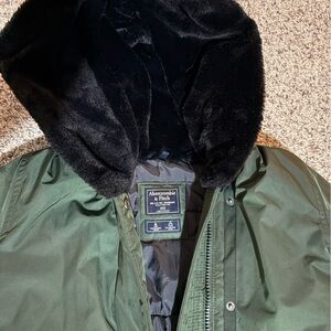 Abercrombie & Fitch Olive Green Puffer with Black Fur Hood